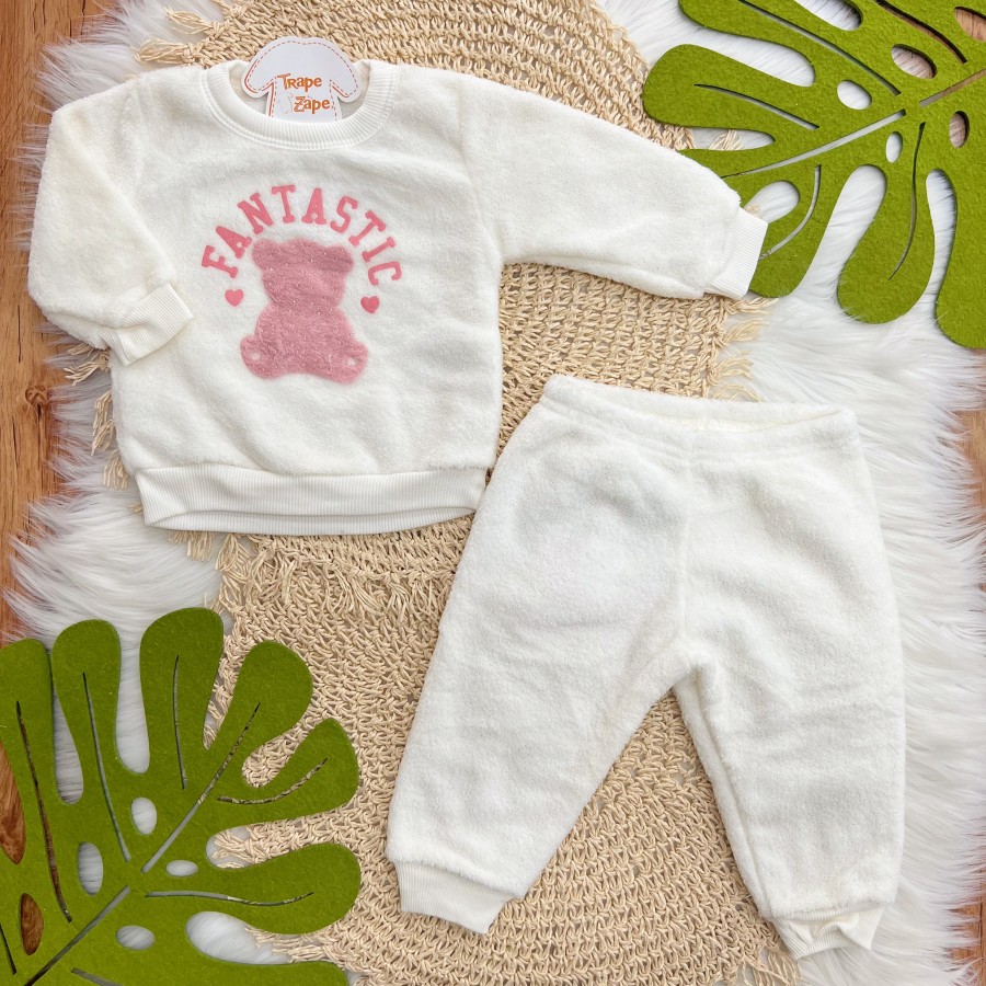 Conj. Casaco Fantastic Bear e Calça de Pelinho - Off White e Rosa